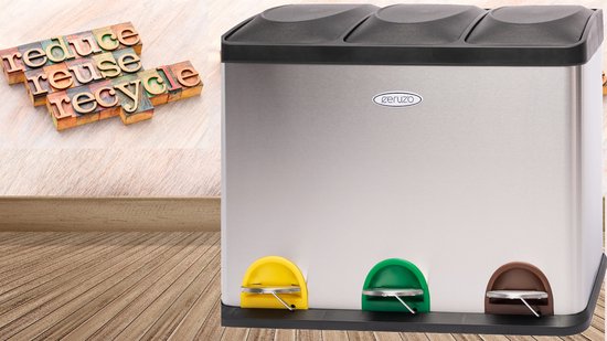 Ceruzo Stainless Steel Recycling Bin 3 Compartment Waste Separation Trash Can 3×15L