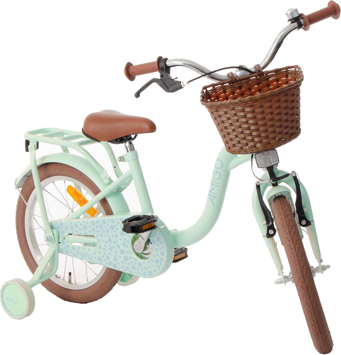 Vélo de fée AMIGO pour filles et enfants, 16 pouces, avec roues d'entraînement, frein inversé et frein V-Brake - Vert menthe