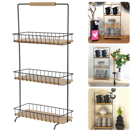 Kitchen Storage Rack with 3 Shelves – 58cm Tall Metal & Bamboo Organizer Shelf