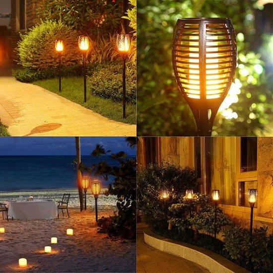 Lampe torche solaire de jardin noire – Lampe d'extérieur à LED effet flamme – Lampe décorative étanche 3 en 1 sur piquet