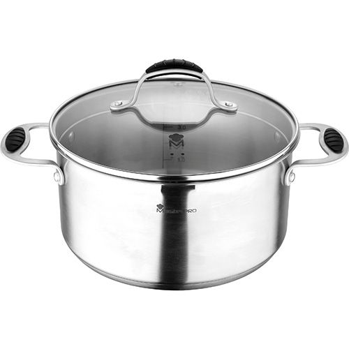 Bergner Masterpro Foodies Cooking Pot with Glass Lid 5.2L Stainless Steel Induction Compatible Cookware - Afanaya