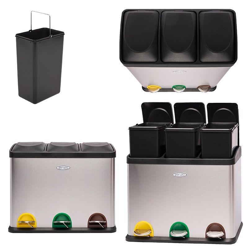 Ceruzo Stainless Steel Recycling Bin 3 Compartment Waste Separation Trash Can 3×15L - Afanaya