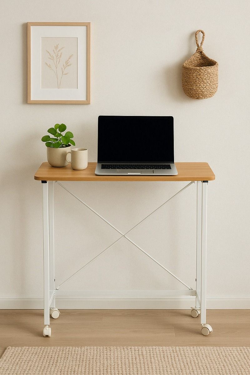 Folding Desk on Wheels Folding Desk Laptop Table for Home Office and Small Spaces - White - Afanaya