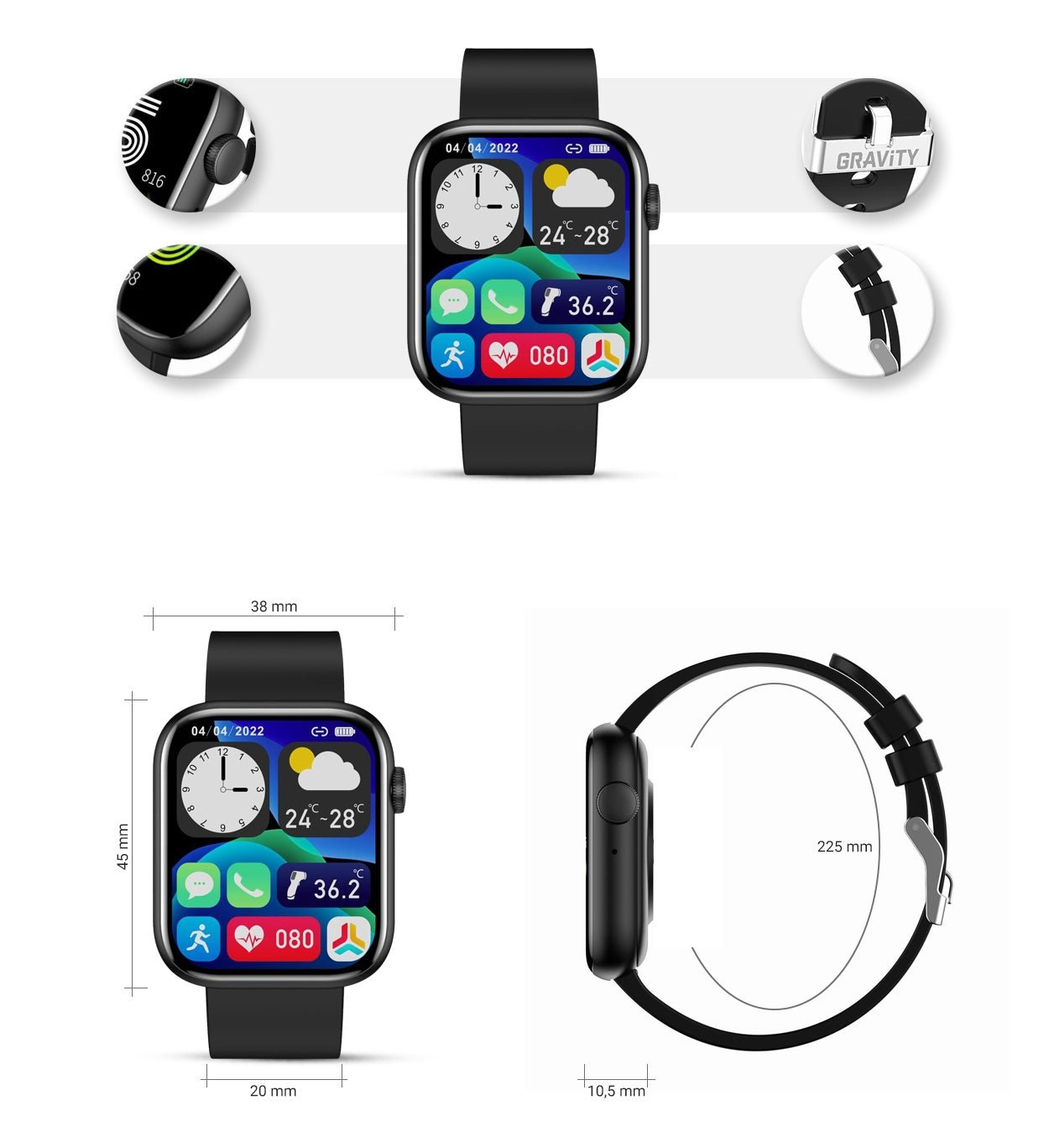 Gravity GT3 - 3 Smartwatch – 1.85” Full Touch Display Bluetooth Call Fitness & Health Tracking – Black - Afanaya