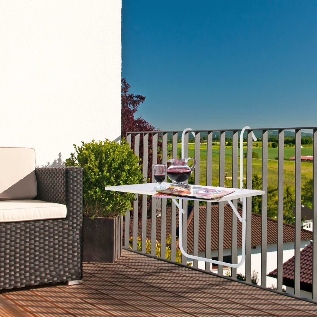 Hanging Balcony Table Foldable Height Adjustable on 3 Levels Wood - White - Afanaya