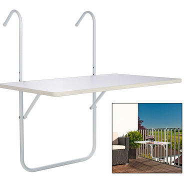 Hanging Balcony Table Foldable Height Adjustable on 3 Levels Wood - White - Afanaya