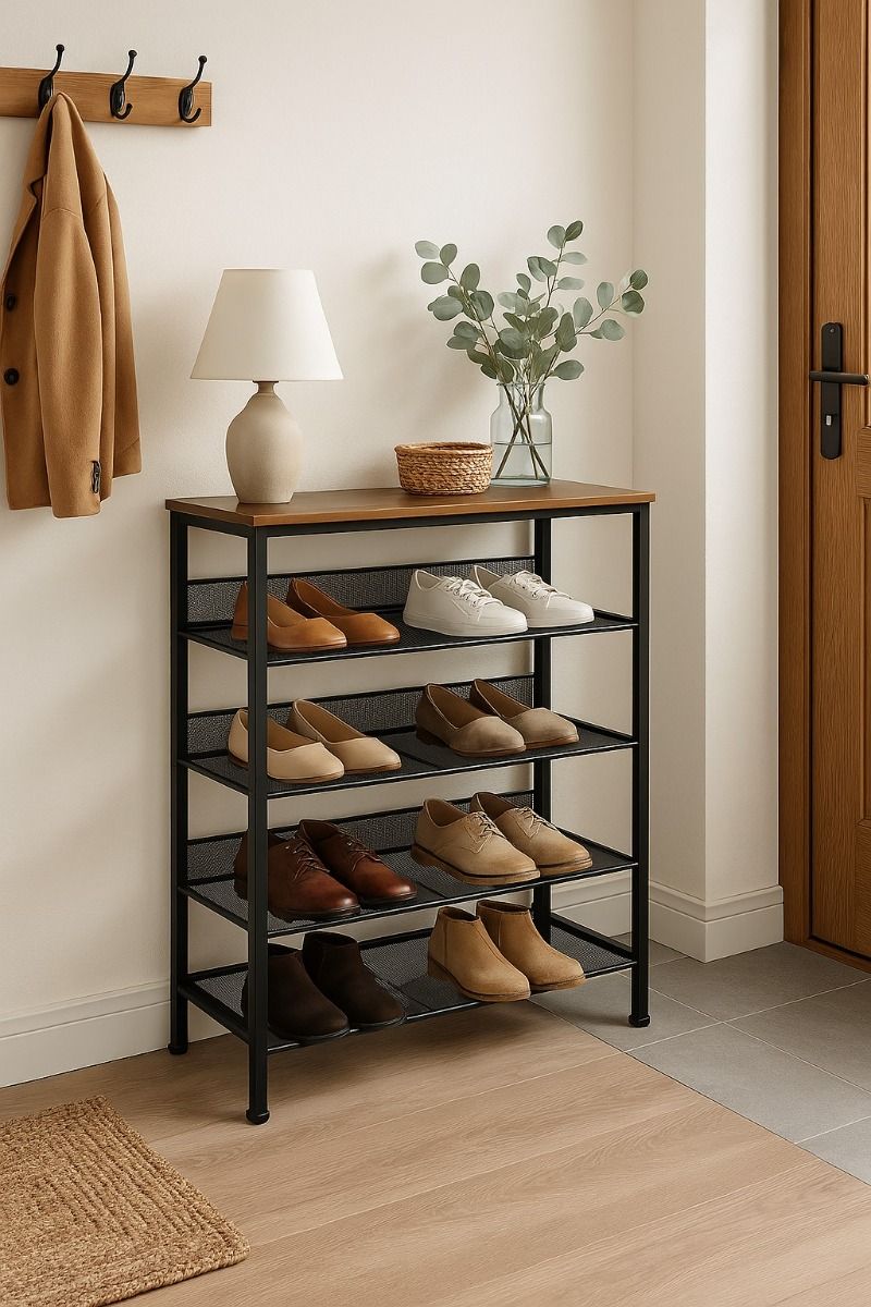 Metal Shoe Rack 4 Stacked Shelves Wood Metal - 76x30x86 cm - Afanaya