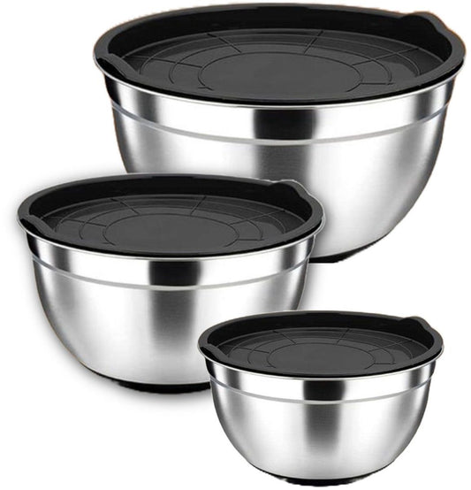 Mixing Bowls 3 Piece Stainless Steel Bowl Set Ceruzo with Lids Stackable Serving Bowls - Afanaya