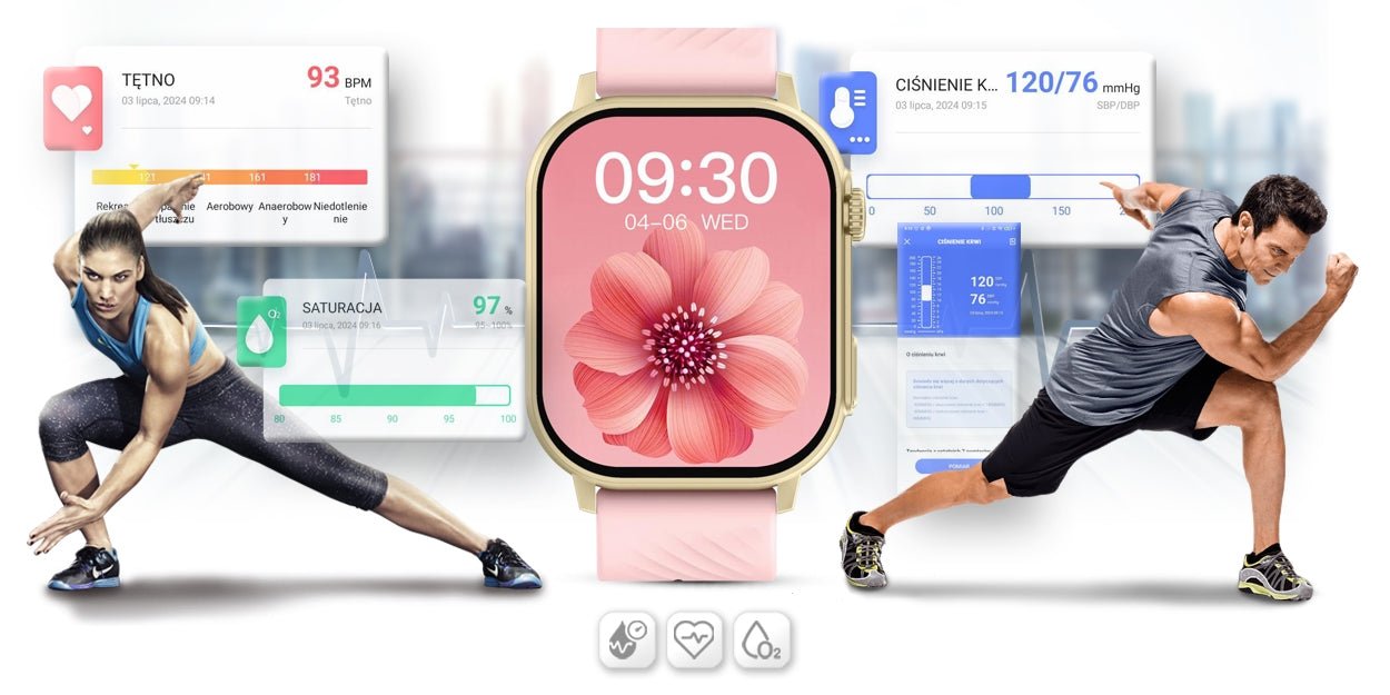 Smartwatch Gravity GT15 - 7 Różowy Pasek Silikonowy + Złota Bransoleta - Afanaya