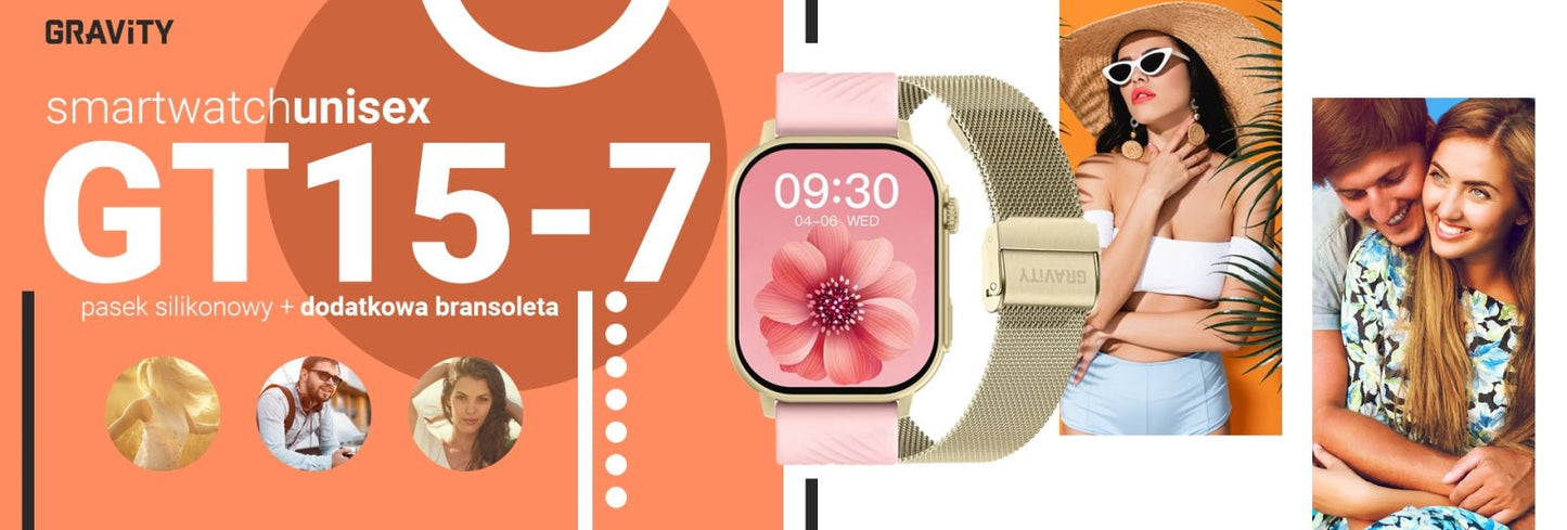 Smartwatch Gravity GT15 - 7 Różowy Pasek Silikonowy + Złota Bransoleta - Afanaya