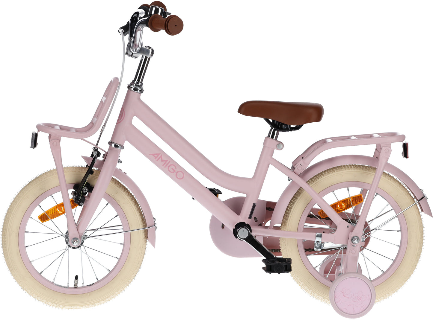 Vélo pour fille 14 pouces AMIGO Bella avec frein à main, guidon rembourré et roues stabilisatrices - Rose