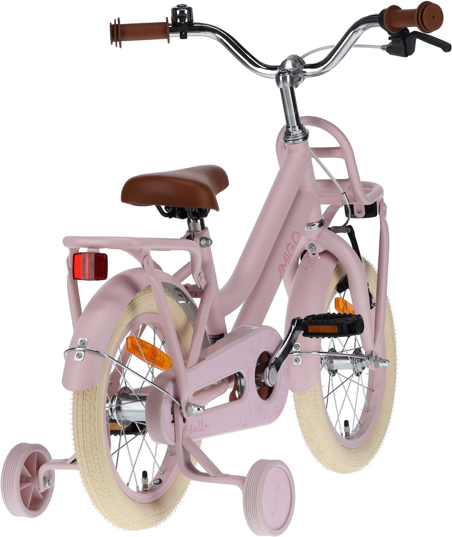Vélo pour fille 14 pouces AMIGO Bella avec frein à main, guidon rembourré et roues stabilisatrices - Rose