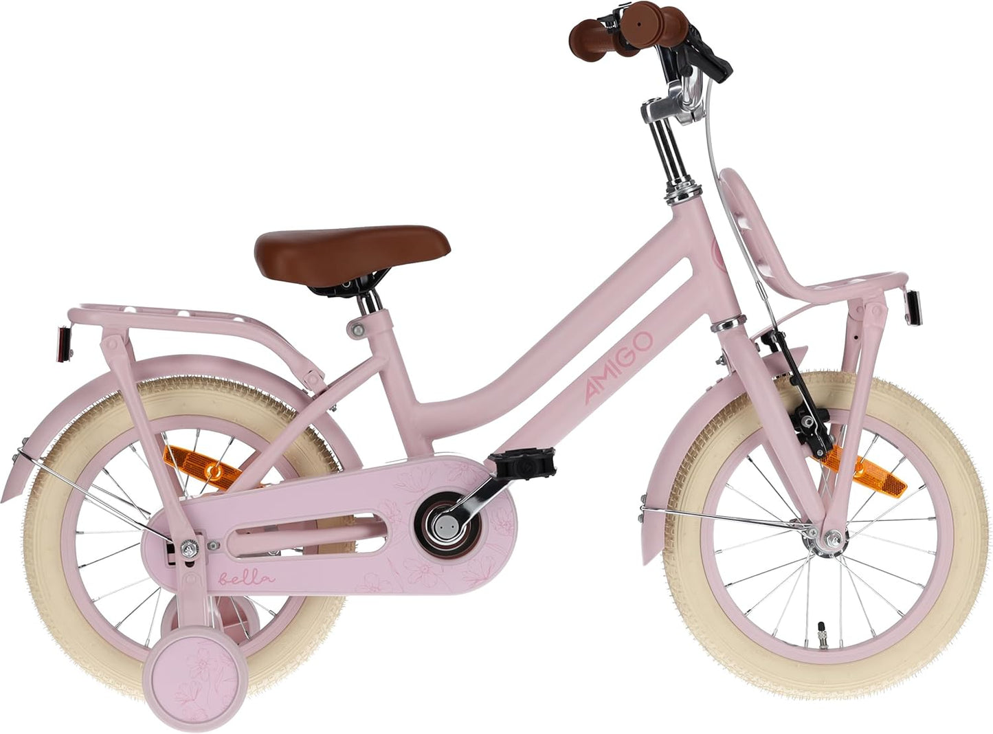 Vélo pour fille 14 pouces AMIGO Bella avec frein à main, guidon rembourré et roues stabilisatrices - Rose