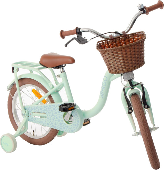 Vélo de fée AMIGO pour filles et enfants, 16 pouces, avec roues d'entraînement, frein inversé et frein V-Brake - Vert menthe 
