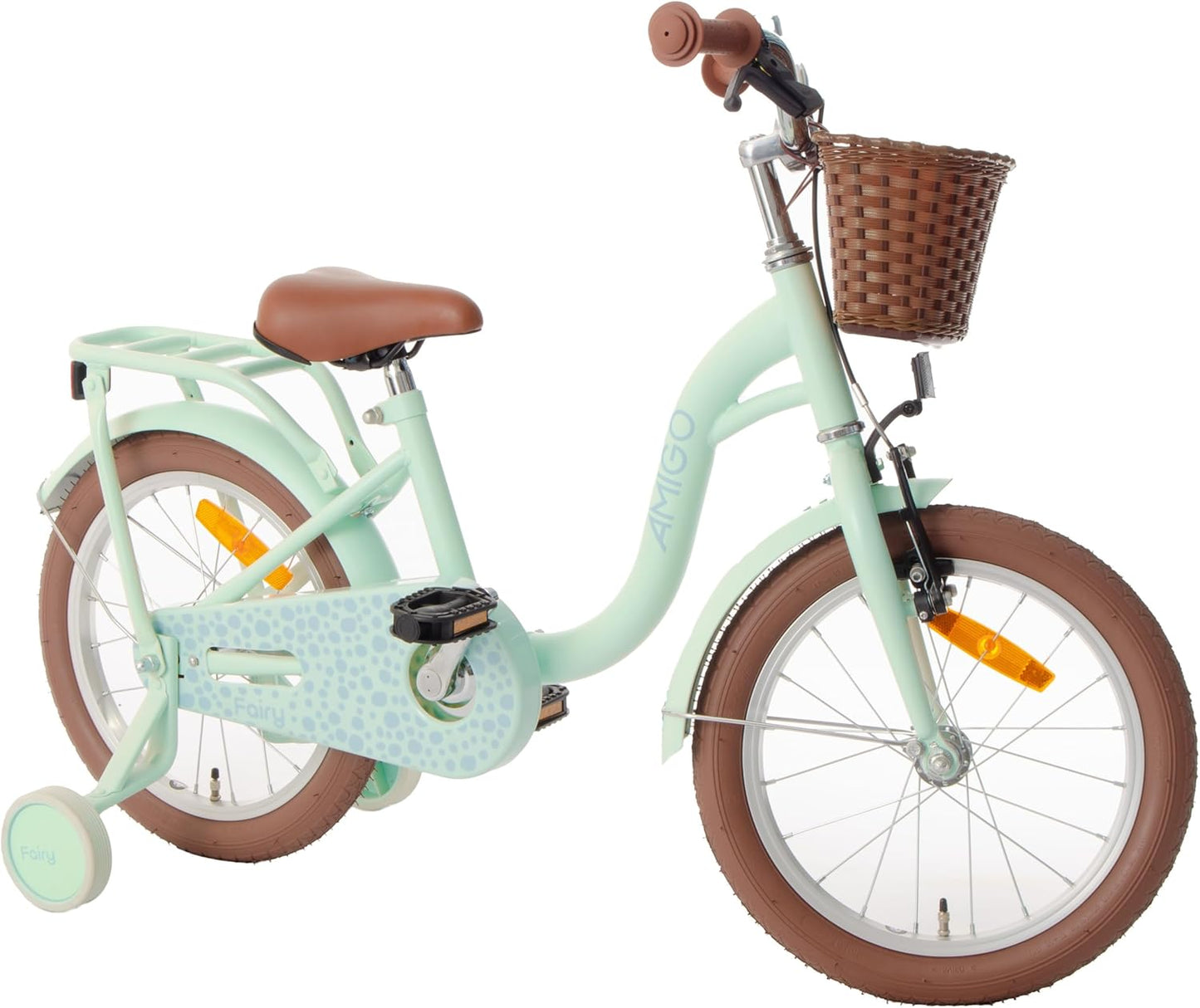 Vélo de fée AMIGO pour filles et enfants, 16 pouces, avec roues d'entraînement, frein inversé et frein V-Brake - Vert menthe 