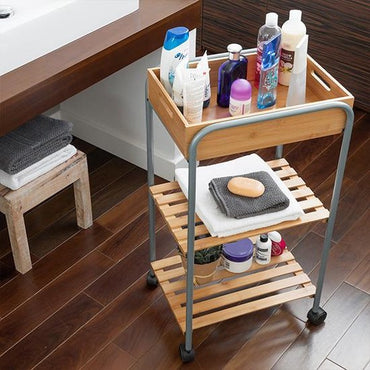 Bathroom Storage Trolley – Bamboo & Metal Organizer with Shelves for Modern Bathroom