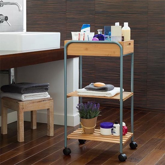 Bathroom Storage Trolley – Bamboo & Metal Organizer with Shelves for Modern Bathroom