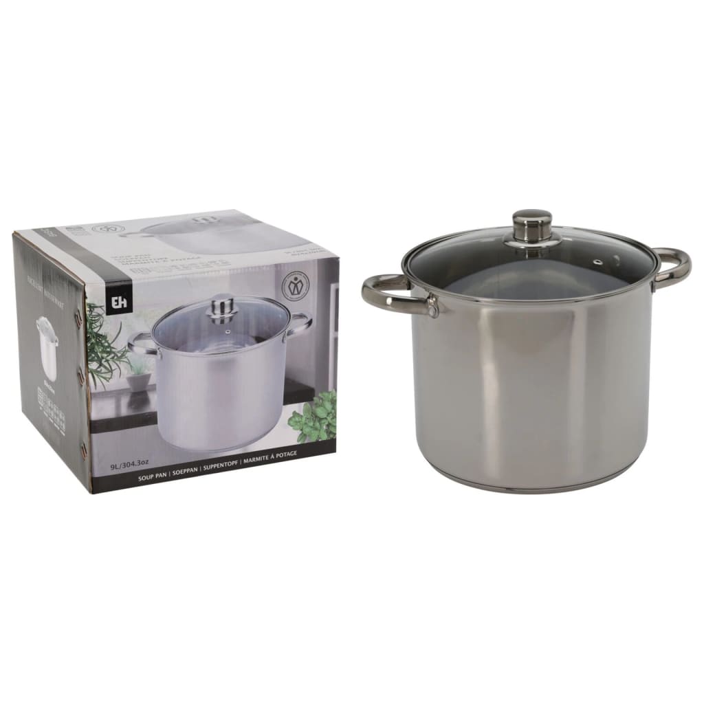 Stainless Steel Cooking Pot with Lid 9.0L Large Capacity Induction Compatible Kitchen Cookware