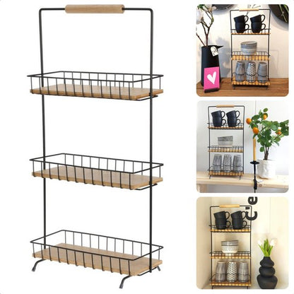 Kitchen Storage Rack with 3 Shelves – 58cm Tall Metal & Bamboo Organizer Shelf