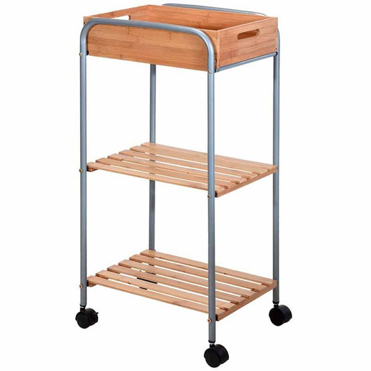 Bathroom Storage Trolley – Bamboo & Metal Organizer with Shelves for Modern Bathroom - Afanaya