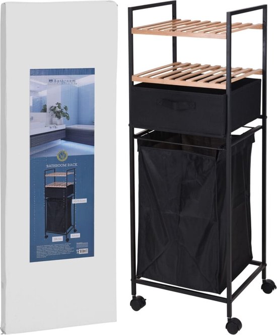 Bathroom Storage Rack with Laundry Basket 2 Tier Bamboo & Metal Organizer Shelf