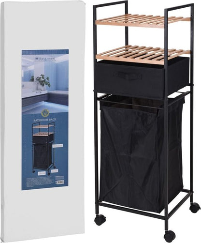 Bathroom Storage Rack with Laundry Basket 2 Tier Bamboo & Metal Organizer Shelf