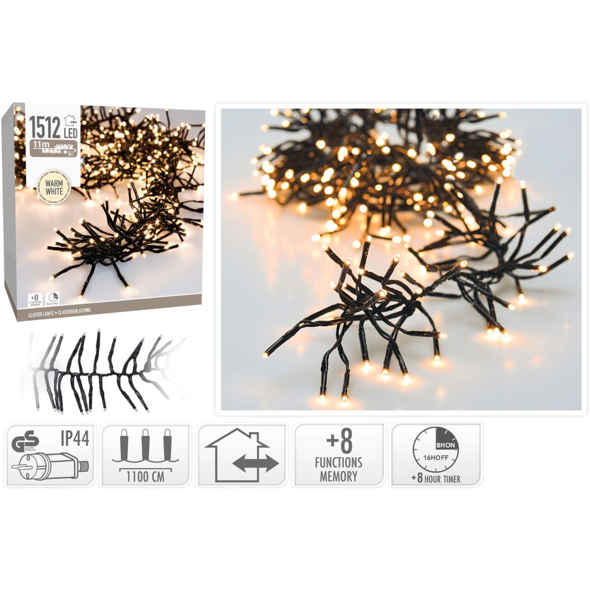 Clusterverlichting - 1512 Led - 11M - Timer - Lichtfuncties - Warm Wit - Afanaya