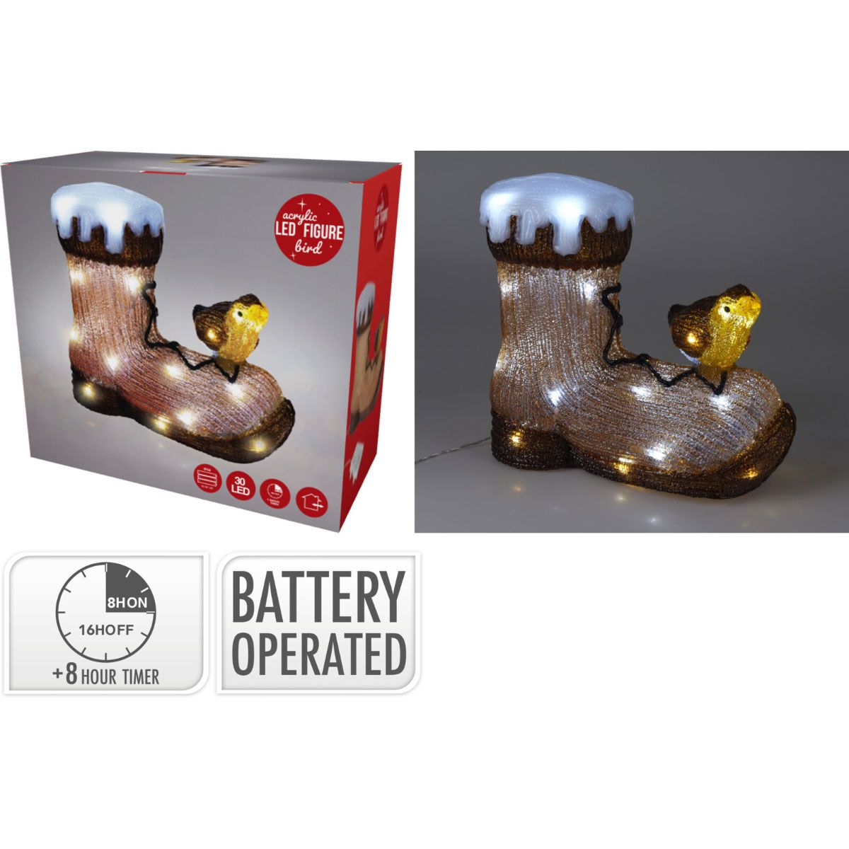 Kerstfiguur Acryl - Vogel Op Laars - Led - 28Cm - Afanaya