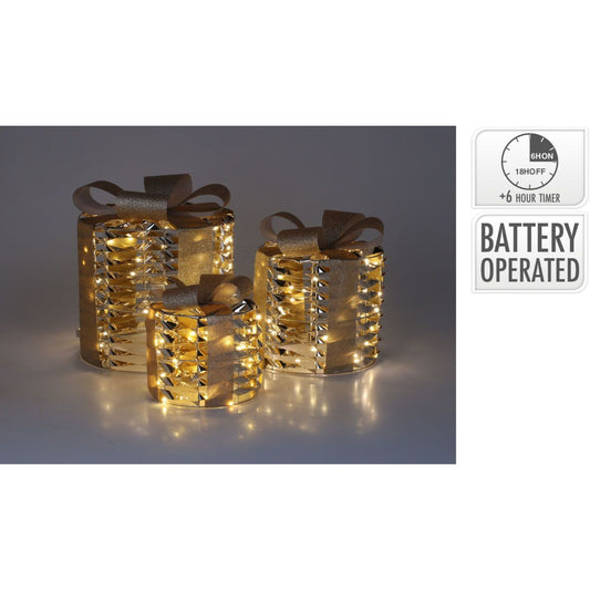 Kerstgifts Met Verlichting - 3 Stuks - Goud - Afanaya