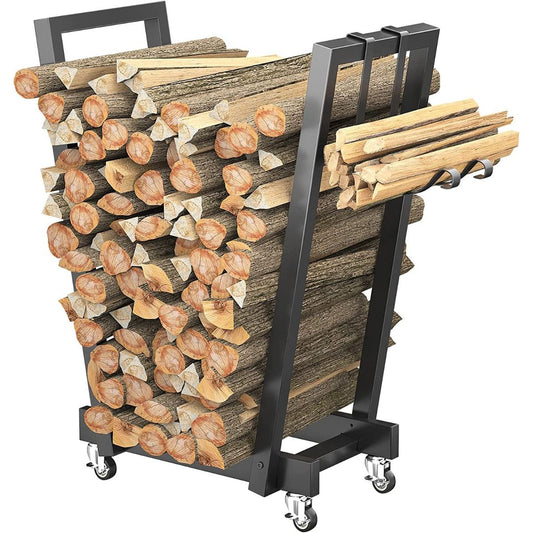Metal Wood Rack Rolling Firewood Storage Stand - Afanaya