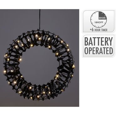 Verlichte Krans - Zwart - 30 Cm - 50 Led - Afanaya